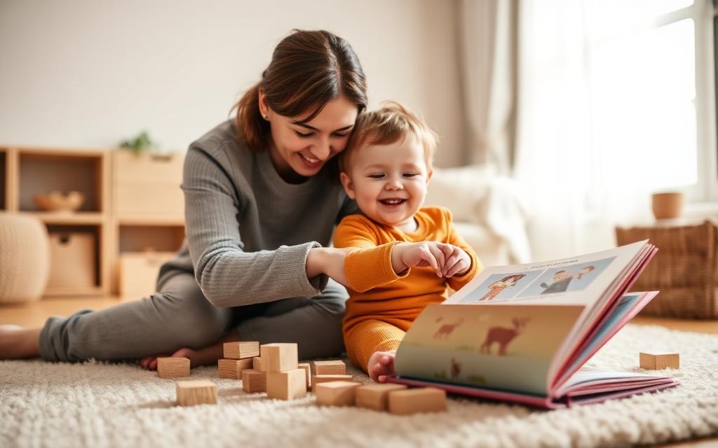 Adulto lendo um livro com um bebê sentado no colo, representando interação saudável sem telas